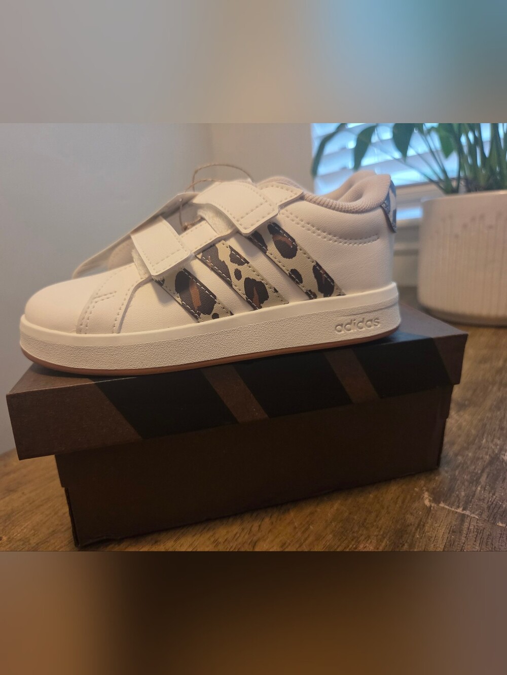 Adidas Kids White Sneakers with Leopard-Print Stripes